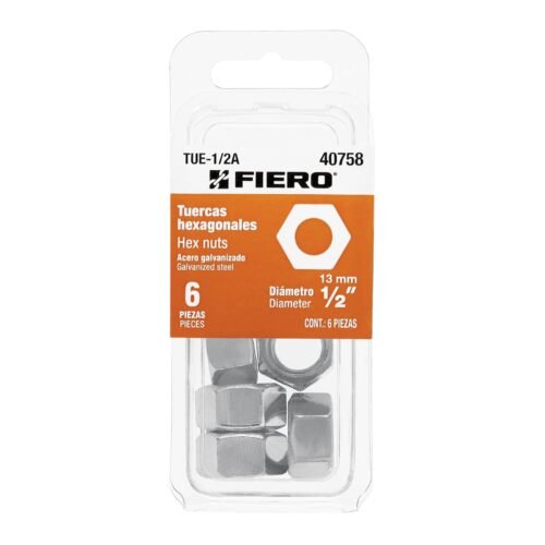 TUE-1-2A.jpg Blíster con 6 tuercas 1/2' hex de acero galvanizado, FIERO