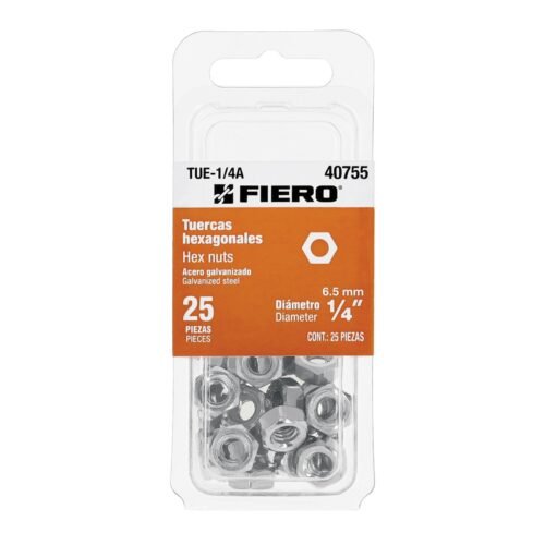 TUE-1-4A.jpg Blíster con 25 tuercas 1/4' hex de acero galvanizado, FIERO