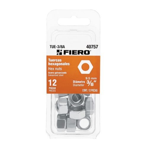TUE-3-8A.jpg Blíster con 12 tuercas 3/8' hex de acero galvanizado, FIERO