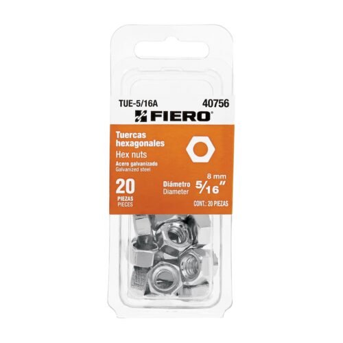 TUE-5-16A.jpg Blíster con 20 tuercas 5/16' hex de acero galvanizado, FIERO
